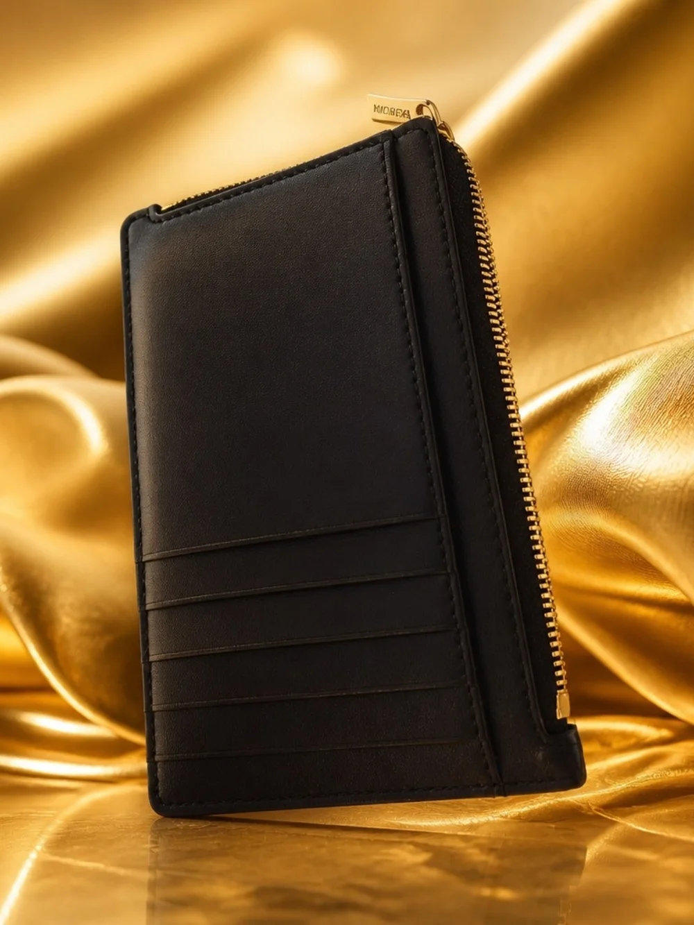 Balenciaga Black Leather Zip Wallet with Gold Logo